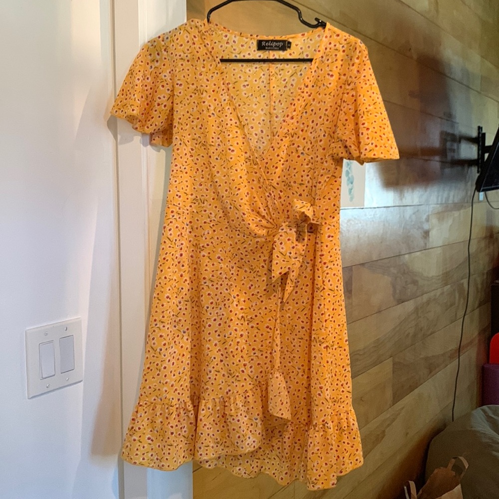 Yellow floral wrap dress